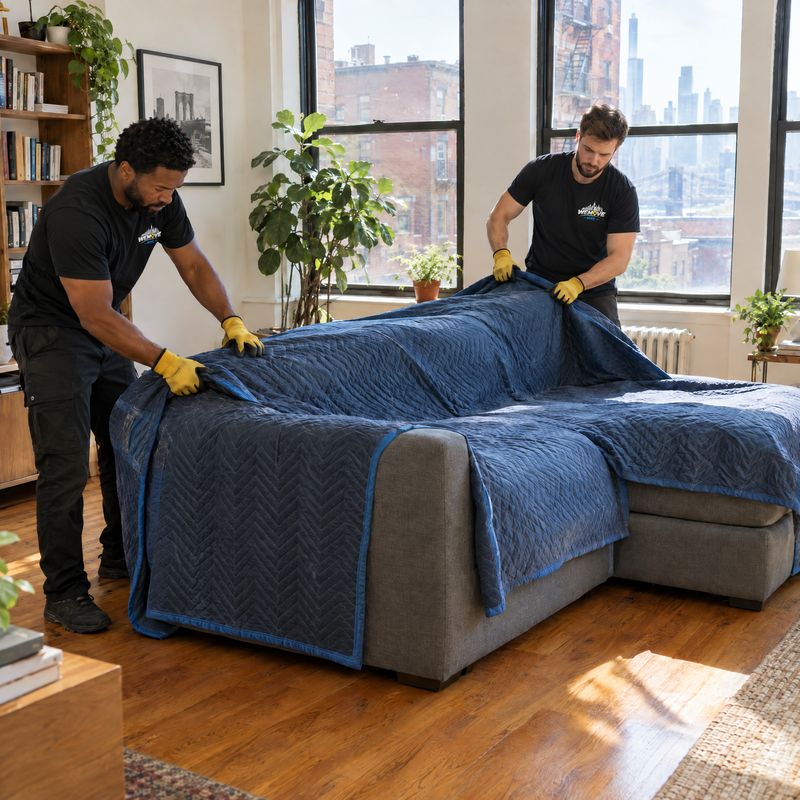 Crew wrapping a sectional sofa