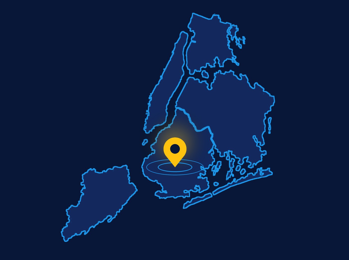 Map of the five boroughs of New York City with a pin on Brooklyn
