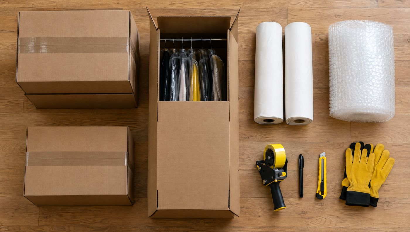 Boxes, paper, tape and gloves laid out for packing
