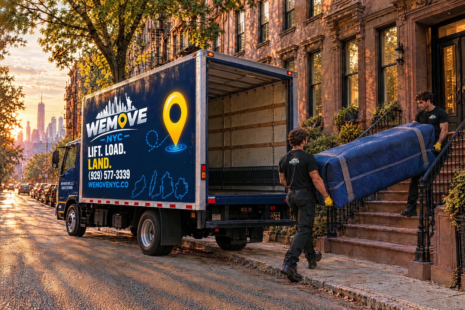 Two movers carrying a blanket-wrapped sofa down a brownstone stoop