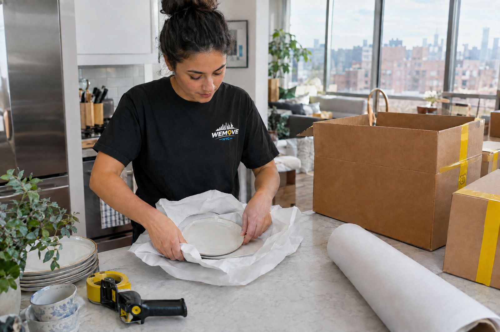 Mover wrapping dishes in packing paper at a kitchen counter
